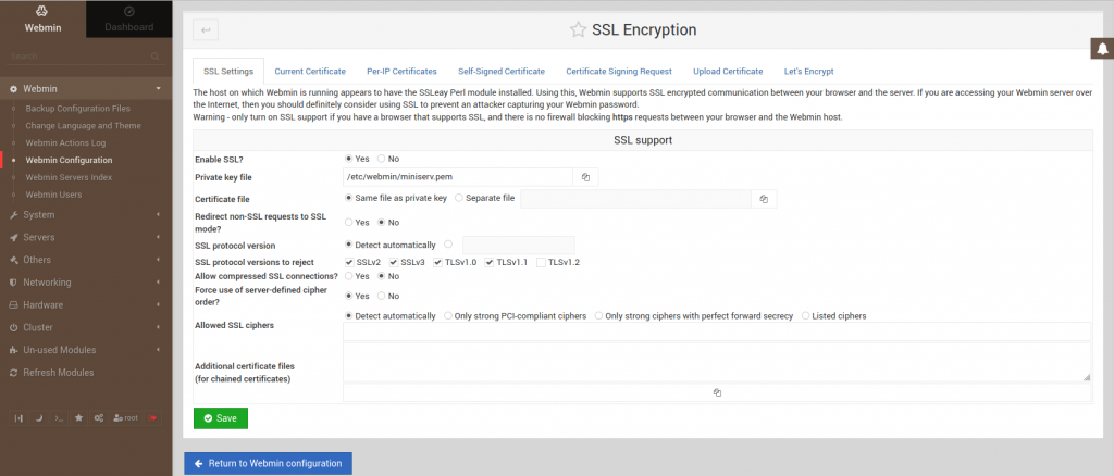 ¿Cómo deshabilito Webmins SSL?