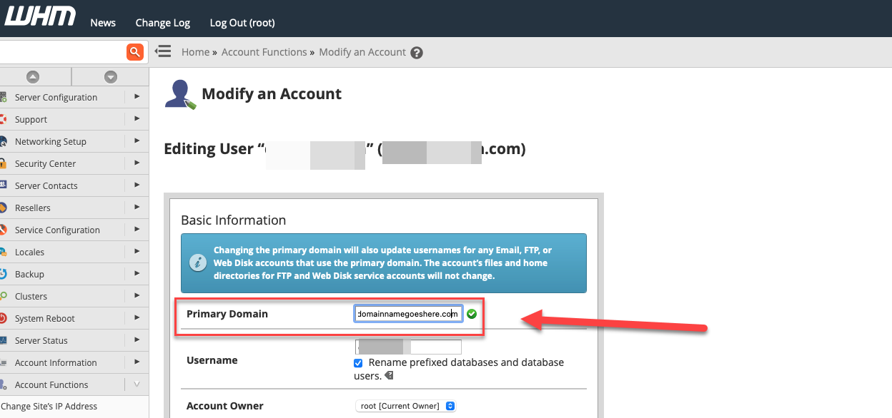 Change Primary Domain in cPanel WHM Dialogue Box