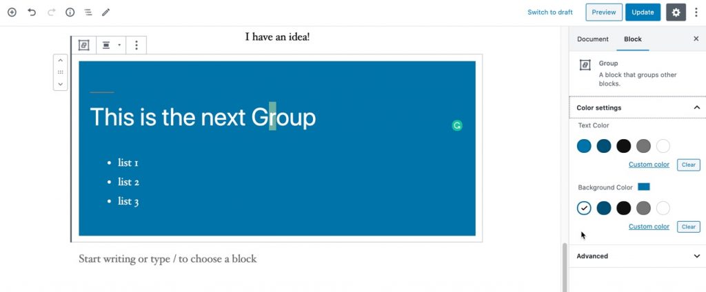 Use the Group block option to color the background to see the content blocks added to the group.