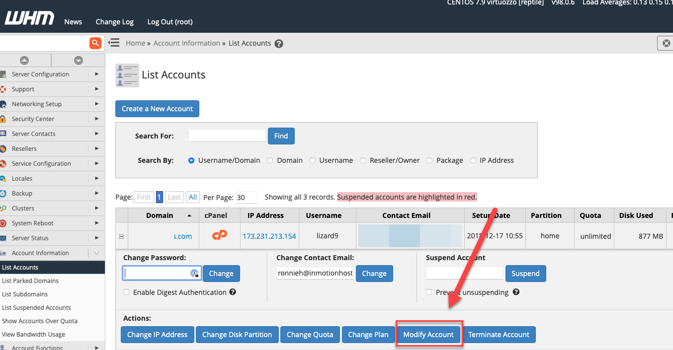 Change Primary Domain in cPanel WHM List Accounts