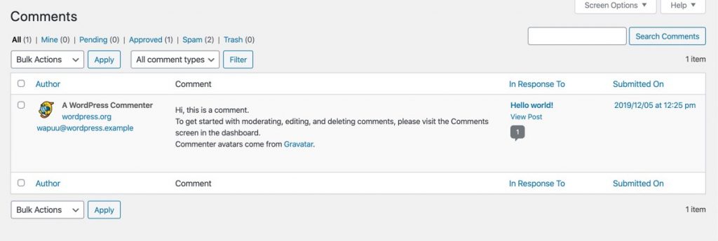 Comments management panel in the WordPress Dashboard