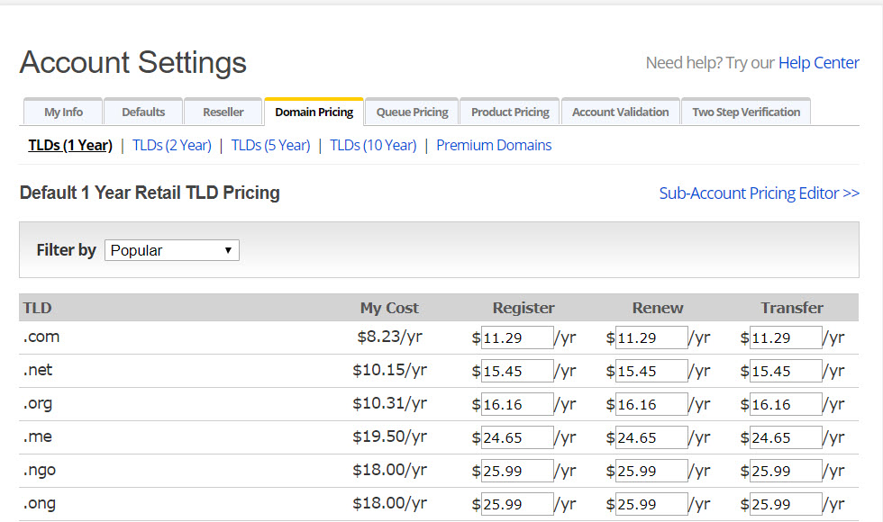 domain pricing screen