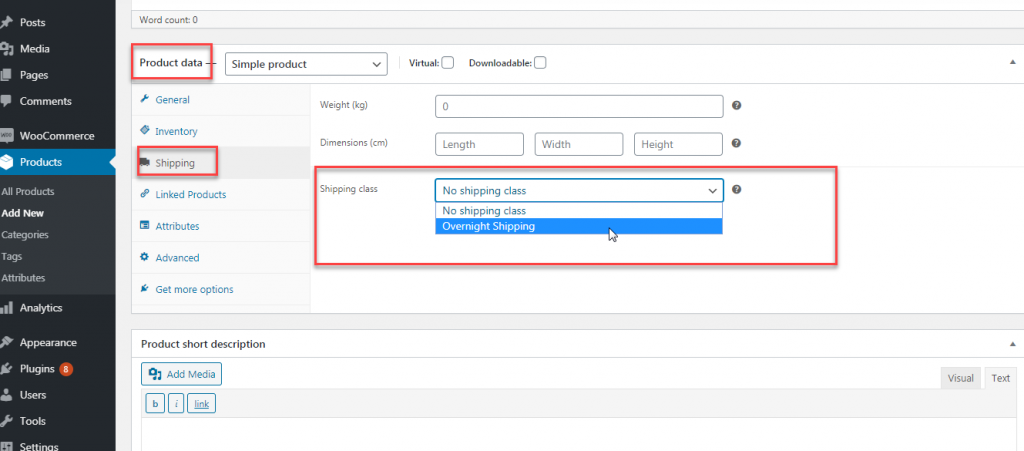 Add shipping class to woocommerce product