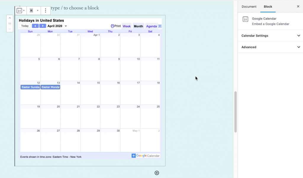 Example of an embedded Google Calendar