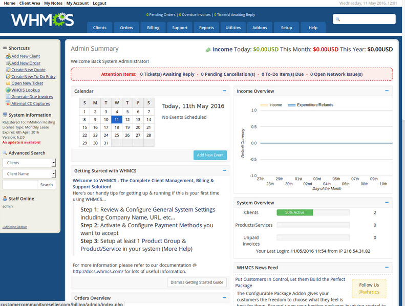 WHMCS interface showing some of the features.