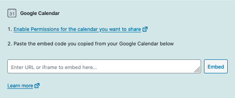 Example of Google Calendar block.  Click the link to see how to change a calendar's permissions.