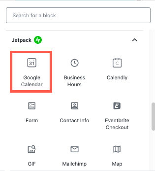 Find the Google Calendar block in the Jetpack section