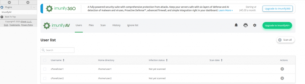 ImunifyAV dashboard in WHM