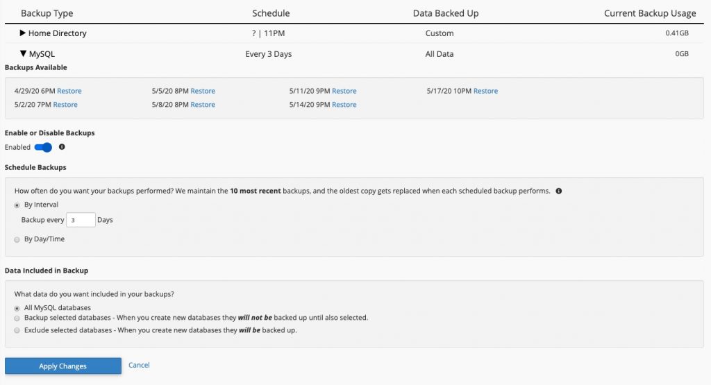 MySQL backup settings