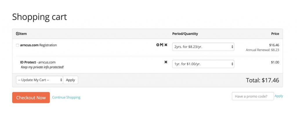 Reviewing cart to register the domain