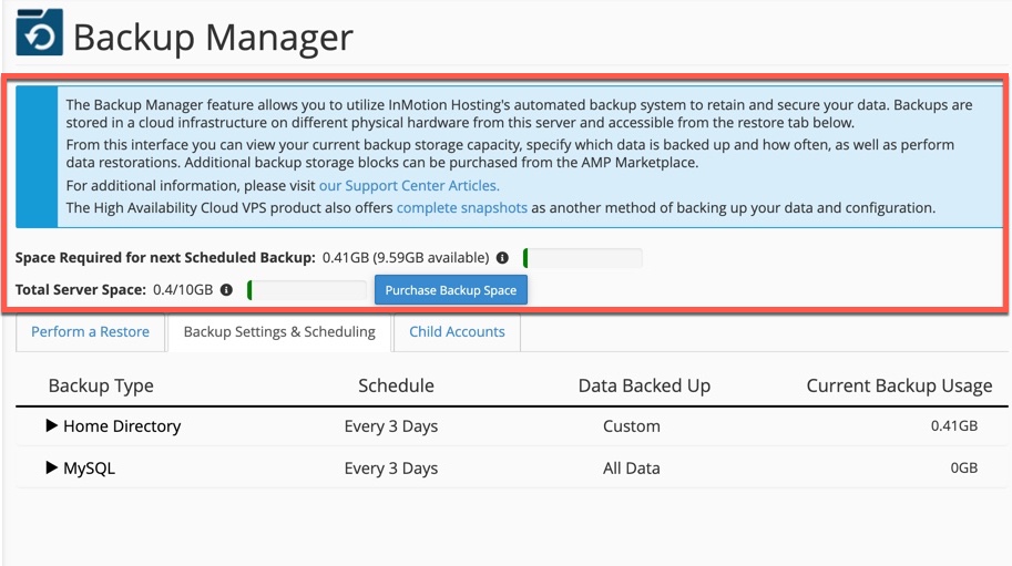 Storage space needed for a scheduled backup and total server space consumed