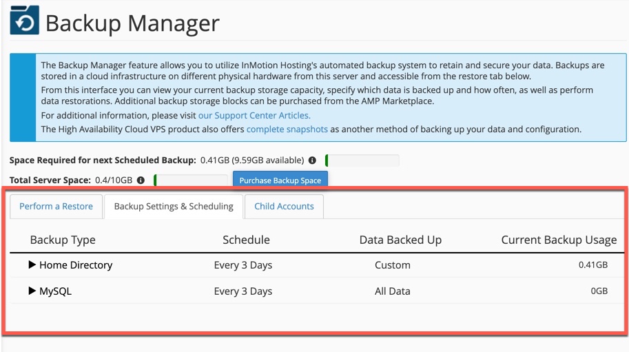 Three tabs of the Backup Manager (VPS) - Perform a Restore, Backup Settings, and Child Accounts