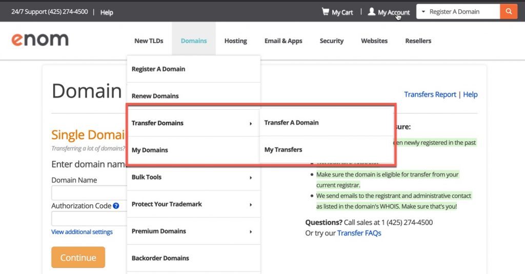 Transfer Domain and My transfer options in eNomCentral menu