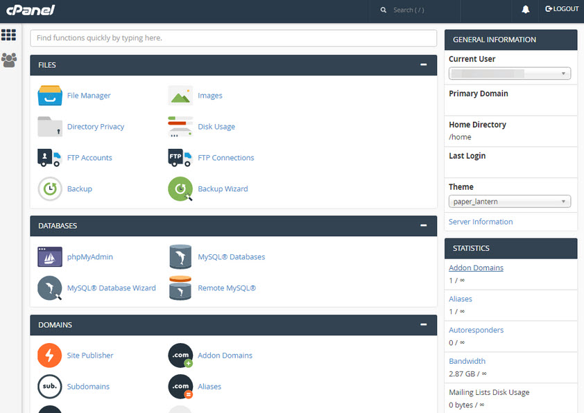 View of the cPanel interface after logging in