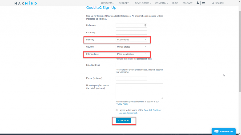 maxmind account creation form