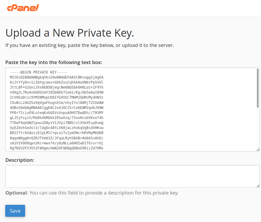 Upload private key in cPanel