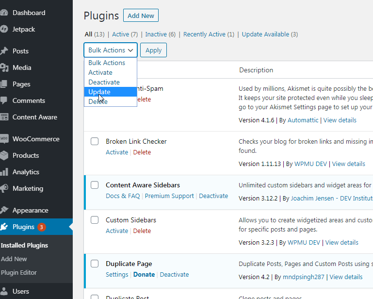 Bulk update plugins from plugin area in WordPress dashboard