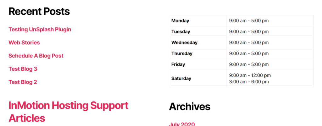 Example of business hours in the footer after using widget