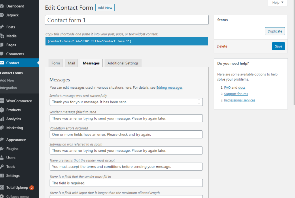 Editing automated messages in Contact Form 7