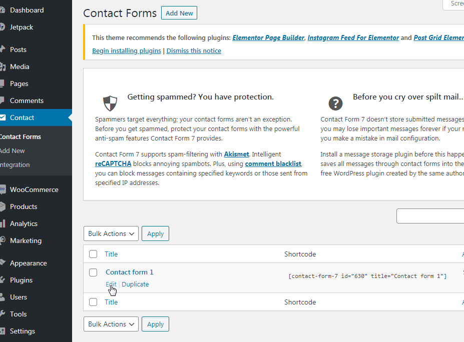 Contact Form 7 dashboard