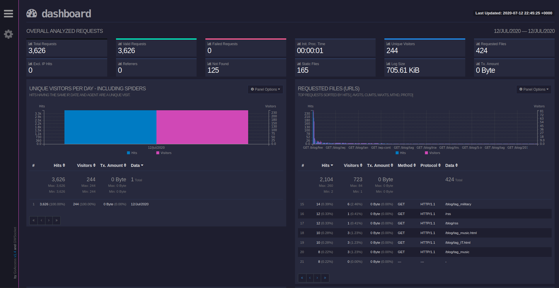 GoAccess Dashboard Visitors and Requests panels