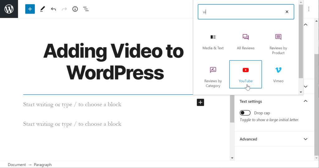 Add YouTube block in WordPress