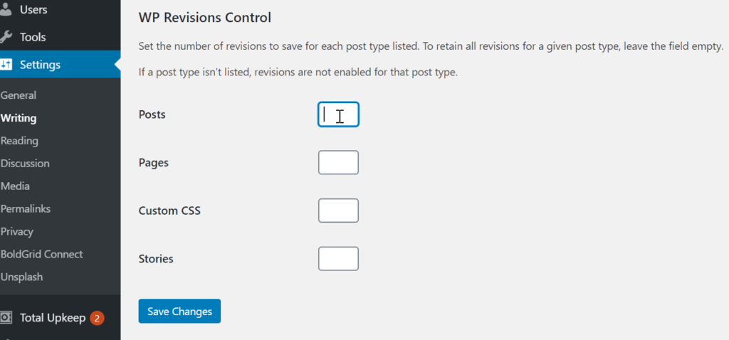 Settings for wp revisions control plugin