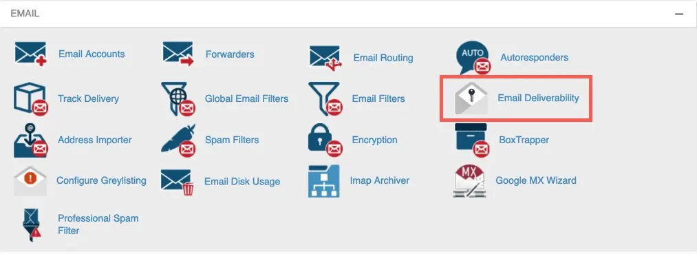 Email deliverability icon in cPanel