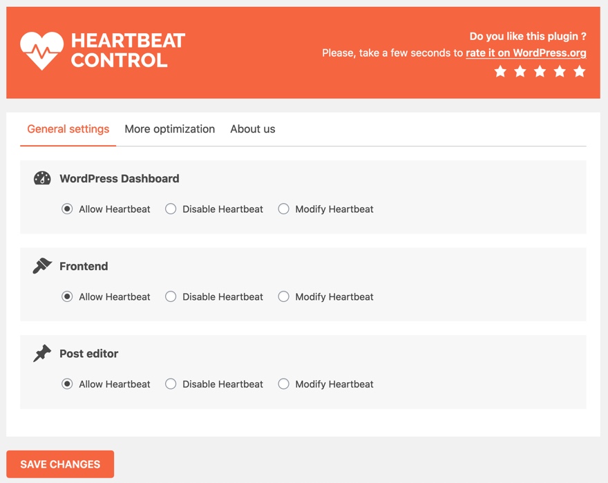 Heartbeat Control settings page