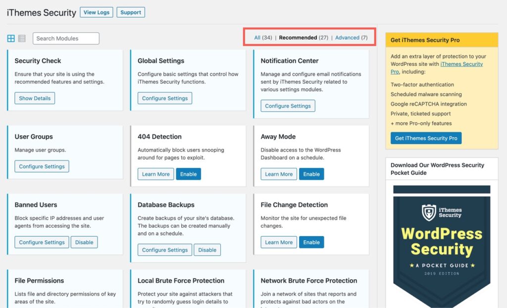 iThemes Security Settings page