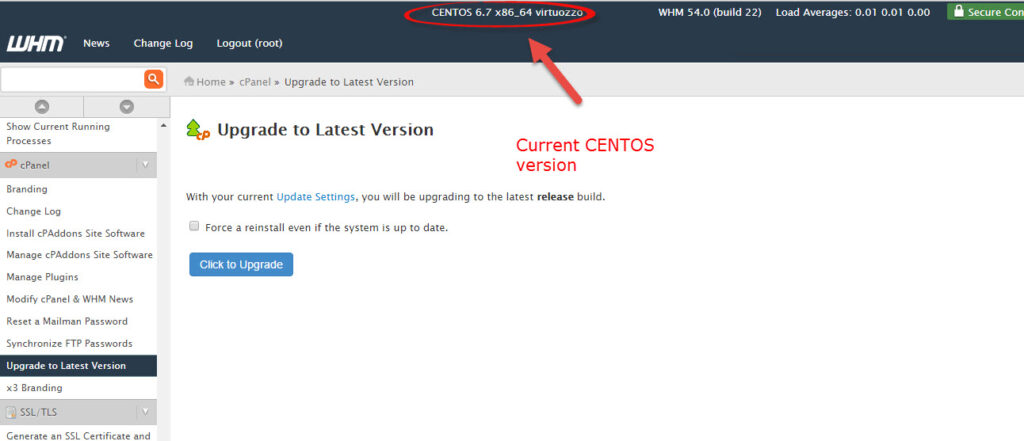 CentOS version at the top of WebHost Manager (WHM).