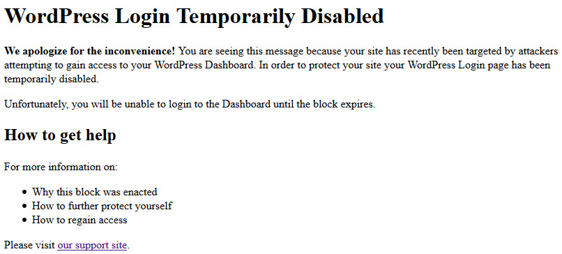 screen shot of the WordPress login being temporarily disabled