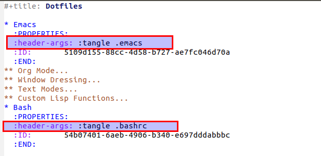 Emacs and bash setup file headers under the property drawer.