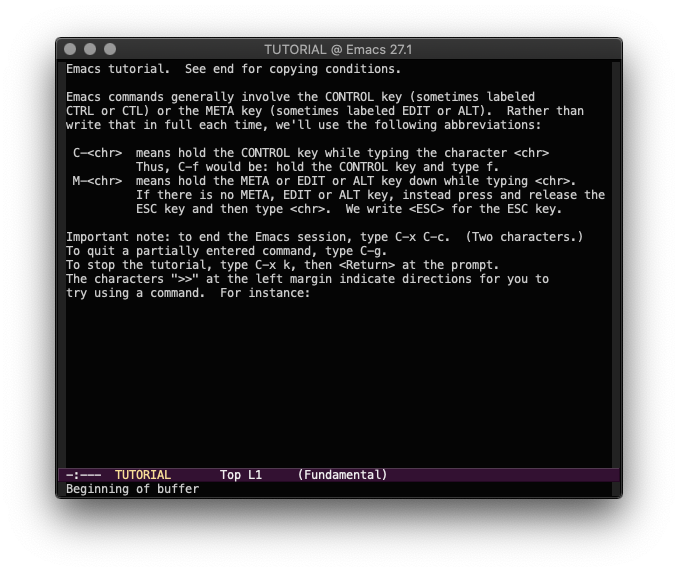 Emacs tutorial startup screen.