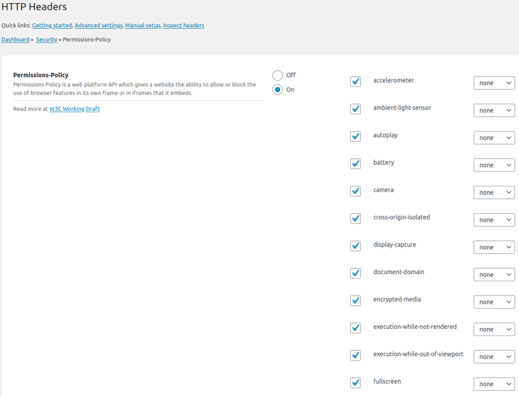 Permissions-Policy Settings Screen