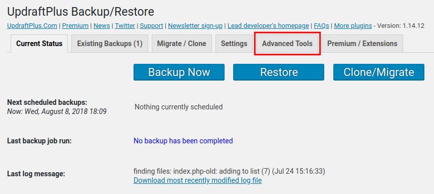 Wipe backup settings in wordpress