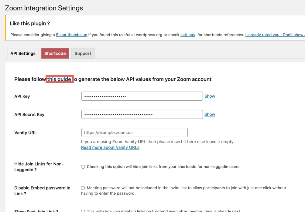 Zoom API keys screen