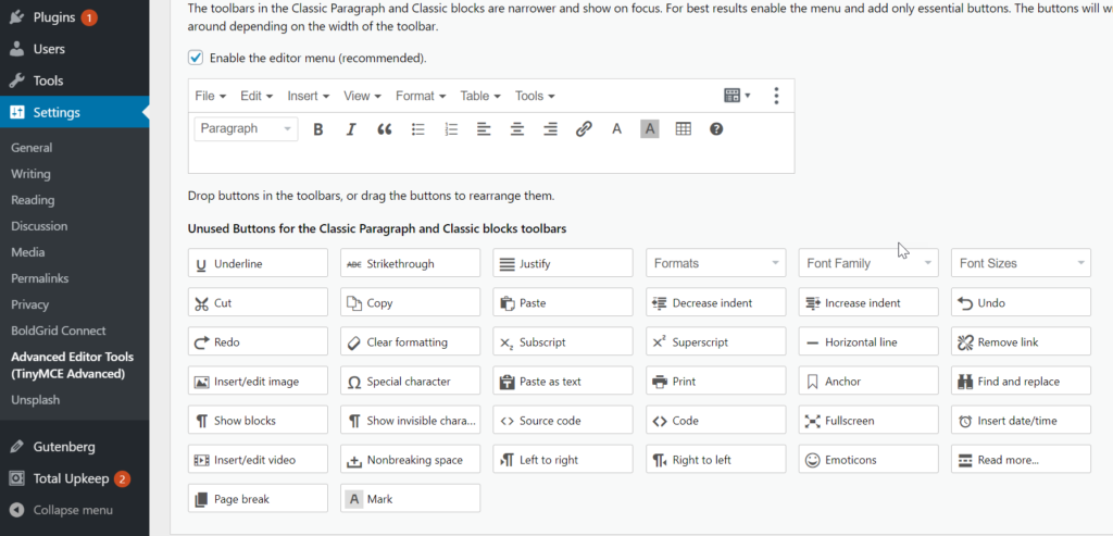 advanced editor tools classic block options