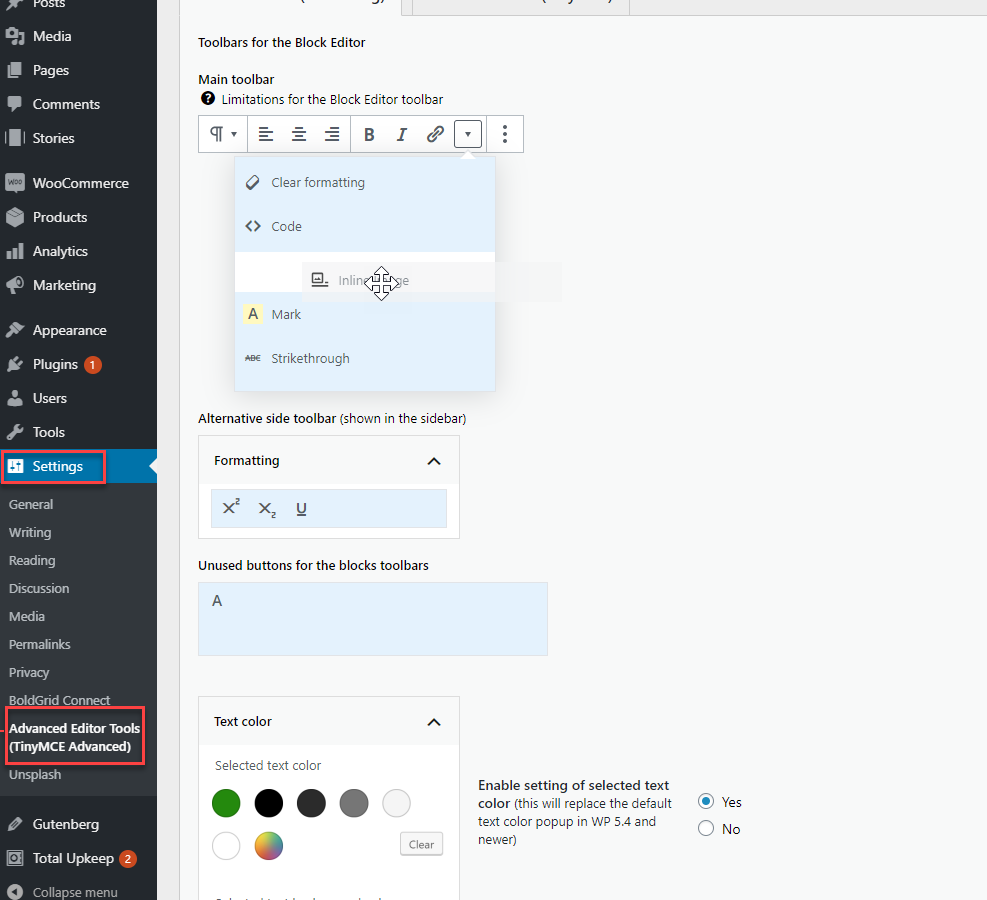 advanced editor tools gutenberg options