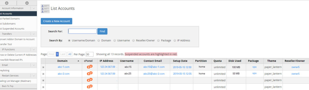 List Accounts in cPanel