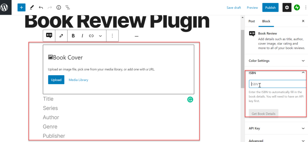 add book to book review plugin block