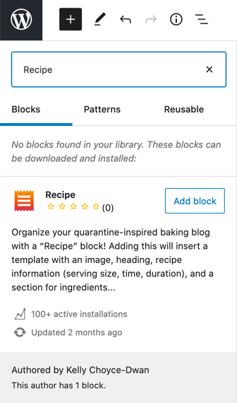 adding the Recipe block in WordPress dialog.  Seen when adding the recipe block for the first time.