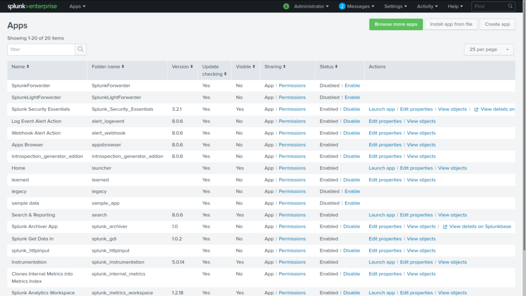 Install Splunk apps status