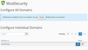 ModSecurity configuration screen for domains