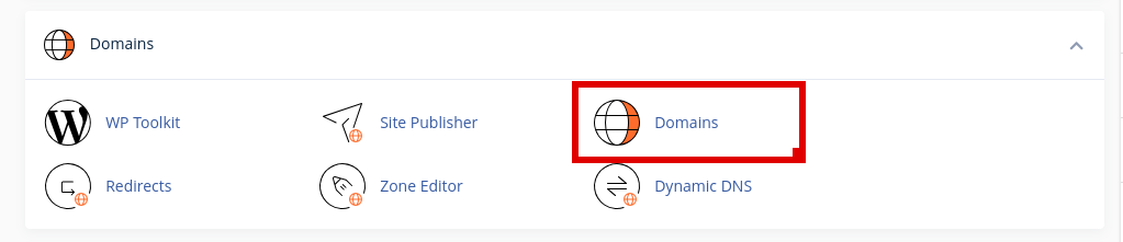 Screenshot showing Domains menu option in cPanel