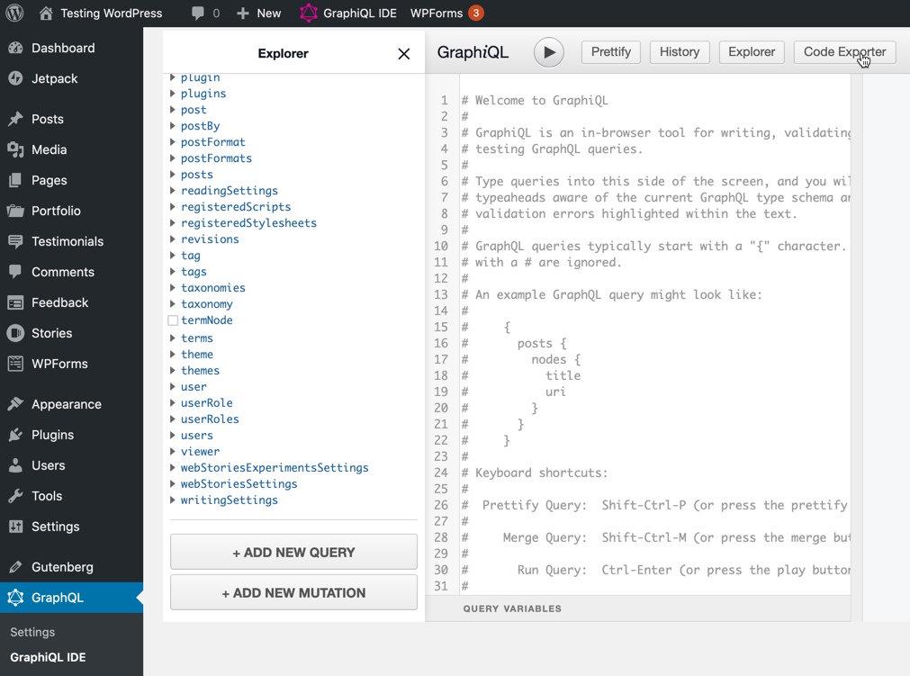GraphiQL IDE interface in WordPress