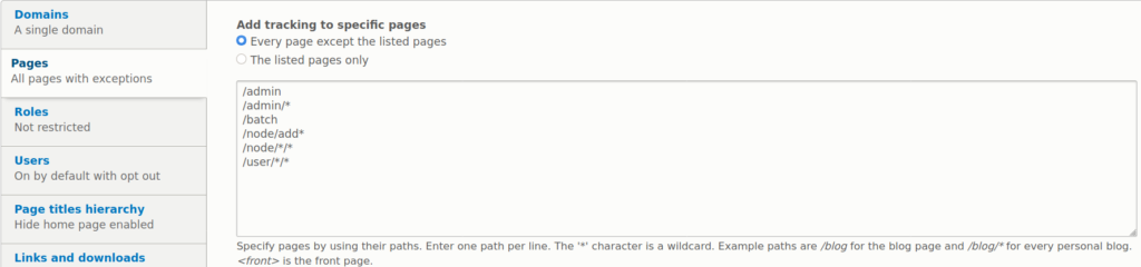 Matomo Drupal module pages settings