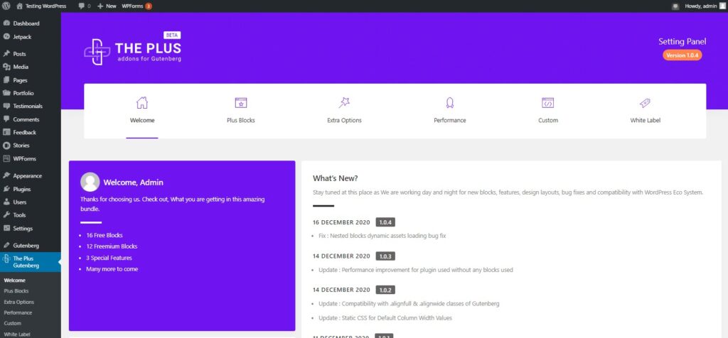 Dashboard for the Plus Addons for Gutenberg