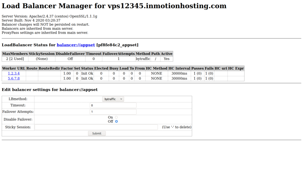 Edit Apache Load Balancer settings