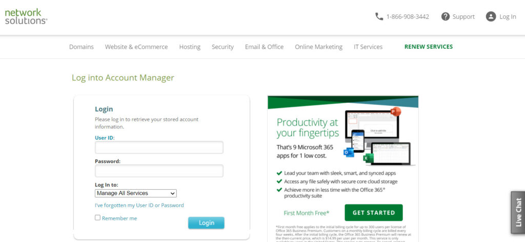 Network Solutions  login screen